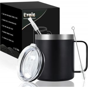 Tianyi-Gobelet De Camping En Acier Inoxydable - Avec Couvercle Et Paille - Double Paroi - 350 Ml - Avec Anse - Pour Le Café À Emporter - Noir - Neuf