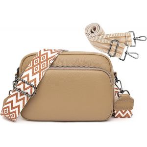 TIANYI-Sac Bandoulière Femme Large Sangle Petit Sac Bandouliere en Cuir Véritable Sac à Bandoulière Femme Élégant Sac à Main avec 3 Compartiments 2 Bandoulières Réglable et Amovible (A Kaki) - Neuf