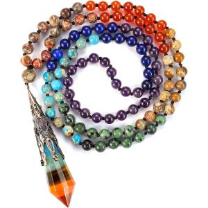 Collier Bijoux Femme Mala Collier Chakra 108 Perles Mala Tib&eacute;tain Collier Sautoir Fantaisie Avec Pendentif C&ocirc;ne De Pointe Chakra Pierre Naturelle Bijoux Femme Homme - Neuf
