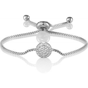 Kalsw-Bracelet Disque C&eacute;leste Pav&eacute; De Zircons.Plaqu&eacute; Or Rose 18 Carats Ou Argent&eacute;,Ce Bracelet En Maille V&eacute;nitienne Est Ajustable Gr&acirc;ce &Agrave; Une Boule M&eacute;tallique Coulissante. - Neuf