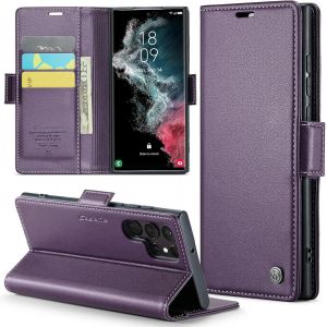 Kal-Coque Pour Samsung Galaxy S22 Ultra+ 2 Pi&egrave;ces Verre Tremp&eacute;,Antivol,Prend En Charge Le Chargement Sans Fil, Pochette Fermeture Magn&eacute;tique Flip Case-Violet - Neuf
