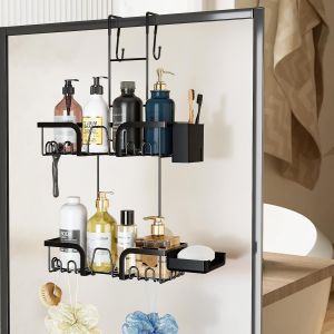 Suspension Etagere Douche, Pas Besoin De Percer Des Trous Sur La Porte Etagere Douche, Avec Bo&icirc;Te &agrave; Savon Et Porte-Brosse &agrave; Dents, Support De Salle De Bain Antirouille &agrave; 2 Couches - Neuf