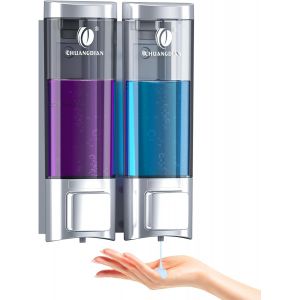 KAL-Distributeur De Savon Liquide Transparent Support Mural Pour Salle De Bain Gel Douche/Shampooing/Conditionneur/Lotion Conteneur Bouteille Double 200Ml (Argenté) - Neuf