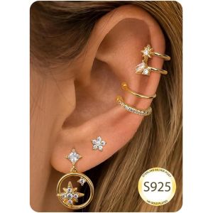 4-6 Paires Boucles D'oreilles Femme Argent 925 Plaqu&eacute;e Or 14 Carats Clou D'oreilles Cr&eacute;oles Pendantes Boucles D'oreilles Femme Fantaisie Ear Cuff Boucles D'oreilles Pour Femmes Ensemble - Neuf