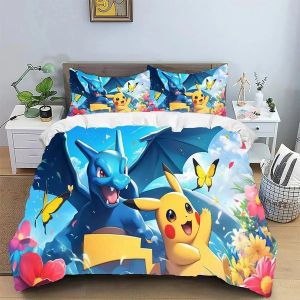 Accueil Pikachu Flame Dragon Parure De Lit Dessin Anime Enfants Taie D'oreiller Housse De Couette 2/3 Pieces Lit Double Lit King Size, Cadeau D'anniversaire. - Neuf
