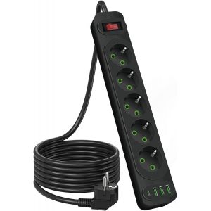 Eu Multiprise 5 Prises 2500W Avec 1 Port Usb C,3 Port Usb A Et Avec Interrupteur Cordon 5.9Ft Câble D'Extension Multi Prise Pour Smartphone Tablette Multiprise Bureau Avec Interrupteur- Noir - Neuf