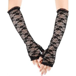 Femmes Longue Dentelle Gants Noir Mitaines Gants De Mariage De Modèle De Fleur En Soie Gants Pour Halloween - Neuf