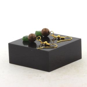 Boucles D'oreilles 2 Perles Jade N&eacute;phrite De Sib&eacute;rie (Russie) + Bois 8 Fabriqu&eacute; En France. - Neuf