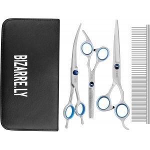 Jgd-Lot De 4 Kit De Toilettage Chiens Et Chats - Peigne, Ciseaux Coupants, Incurv&eacute;s Et D&eacute;s&eacute;paississants En Acier Inoxydable - Comprend &Eacute;galement Souple &Eacute;tui En Cuir - Neuf