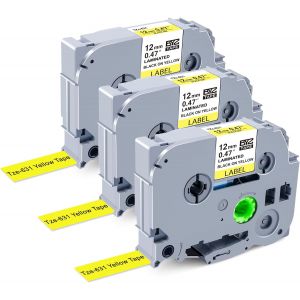 Lot de 3 rubans d'&eacute;tiquettes compatibles avec Brother P-Touch Tze631 Tz-631 Tze Noir sur jaune Tz 12 mm 0,47 mm pour imprimante d'&eacute;tiquettes Brother 1000 H105 H100lb H101c H105 E110, 12 mm x 8 m - Neuf