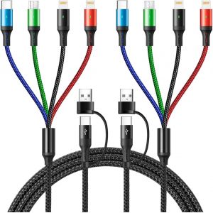 4 in 2 Multi Charger Cable [2Pcs, 1.8M], 3.5A Multi USB Tip USB A/C to Type C/Micro USB/Lightning Nylon Universal Charging Cable for iPhone, iPad, Android Samsung - Neuf
