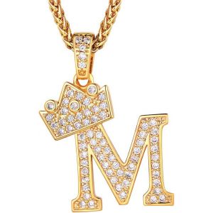 Kales-Collier Lettre M,Pendentif Initiale Prénom Plaqué Or Lettre M,Bling Brillant Hip Hop Bijoux Alphabet Pendentif Couronne En Strass Avec Chaîne Or Réglable 55+5 Cm Pour Homme Femme - Neuf