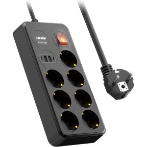 Multiprise avec USB,7 Prises Multiprises avec 4 Ports USB (2 USB C et 2 USB A),Multiprise Parafoudre (3000W/10A) Multiprise Electrique Murale avec 1.8M Cordon pour la Maison,Bureau-Noir - Neuf