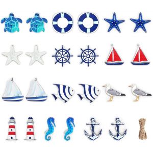 Lot De 24 Pendentifs Maritimes,Décoration Nautique,Kit De Décoration Maritime,Étoile De Mer,Bateau,Ancre,Phare,Poisson,Cocotier Pour Mini Filet De Pêche,Décorations Murales - Neuf