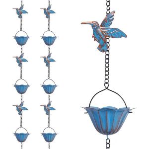 Nouvelhorizonstore-Cha&icirc;ne De Pluie D&eacute;corative De 2,4 M, Cha&icirc;ne De Pluie En M&eacute;tal Bleu Vintage Avec 8 Colibris Et 7 Tasses Pour Syst&egrave;me De Drainage De Goutti&egrave;re Ext&eacute;rieur D&eacute;coratif - Neuf