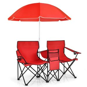 Lot de 2 chaises pliantes pour pique-nique 152 x 52 x 85 cm avec parapluie amovible et porte-boisson en acier rouge Helloshop26 20_0020602 - Neuf