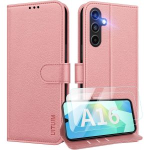 SJZG-Coque Pour Samsung Galaxy A16 5G/4G Coque Etui Portefeuille Cuir Avec 2 Verre Trempé Protection Écran Porte Carte Rabat Clapet Flip Case Étui Cover Housse Etui Pour Samsung A16 5G/4G,Rose - Neuf