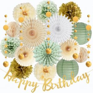 Tianyi-D&eacute;corations D'anniversaire Vert Sauge Et Or Pour Femmes Et Filles &iquest; &Eacute;ventails En Papier Vert Sauge, Dor&eacute;, Cr&egrave;me, Pompons, Banni&egrave;re &laquo; Happy Birthday &raquo; &iquest; Guirlande &Agrave; Suspendre Pour D&eacute;coration De - Neuf