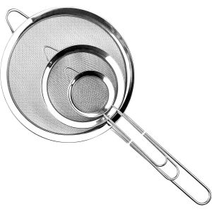 Kal-3 Pièces Passoire Inox 19/25/36.5 Cm, Tamis Cuisine Avec Poignée, Métal Maille Fine, Filtre Pour Égoutter Poudre, Pâtisserie, Nouille, Riz, Pates, Légumes, Quinoa, Blanc D'oeuf (Argent) - Neuf
