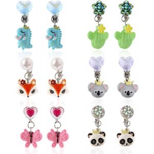 Kal-Boucle D'oreille Enfant Fille, 6 Paires De Boucles D'oreilles Clips Pour Enfants, Clips D'oreille Pour Filles, Avec Couronne De Licorne Arc-En-Ciel Fleur C?ur, Pour Fille Les Jeux De Rôle - Neuf