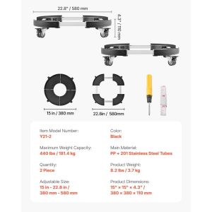 KALANKA-Chariot à Poubelle Réglable 380-580 mm Socle à roulettes à Poubelles Rondes, Lot de 2, Capacité Charge 181,4 kg, avec 4 Roues Pivotantes Verrouillables, Chariot Plantes Multifonctionnel Robus - Neuf
