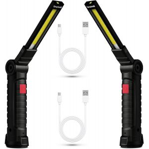 2x Lampe Lampe De Travail Led Rechargeable, Baladeuse Magn&eacute;tique Cob, Torche Usb Puissante 5 Modes, &Eacute;clairage D'inspection Auto, Lampe De Camping 360&deg; Avec Base Aimant&eacute;e, Atelier/Garage/Urgence - Neuf