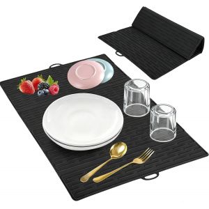 Kalanka-Tapis Egouttoir Vaisselle, Silicone Pliable 50&times;40cm, Tapis Evier Cuisine Antid&eacute;rapant Et R&eacute;sistant &Agrave; La Chaleur, Tapis Vaisselle Absorbant Pour Plan De Travail Et S&eacute;chage Rapide, Noir - Neuf