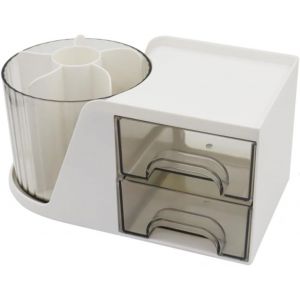 Organiseur De Bureau,Porte-Stylos Pivotant À 360° Avec 2 Tiroirs,Boîte De Rangement Multifonctionnelle Pour La Maison,L'école,Le Bureau,Les Cosmétiques, Les Crayons, Les Fournitures D'art, Blanc - Neuf