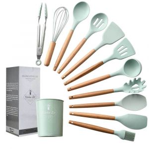 Vert Ustensiles De Cuisine Set De 12 Pièces, En Silicone Ustensile Set Avec Support Résistant À La Chaleur Outils De Cuisson, Spatule De Cuisson, De Non-Rayure, Anti-Adhérent - Neuf