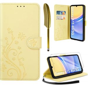 Samsung Galaxy A15 5G/4G Pu Leather Case Cover + Screen Protector Flip Case Cover With Card Slots Yellow - Neuf