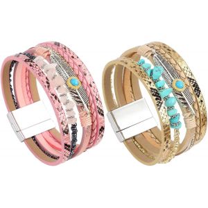 Kalsw-Boho Wrap Bracelet Bracelet En Cuir 2 Pièces Cuff Cuir Pour Femme Enroulé En Multicouche En Multi-Brins En Plumes Pour Epouse Mère,One Size - Neuf