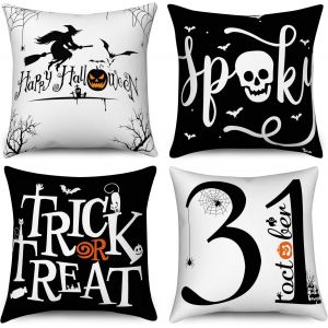 Housse de Coussin Halloween 40x40 Set de 4, Spooky citrouille pleine lune ch&acirc;teau arbre mort chauve-souris d&eacute;coratif Housses de coussin noir orange lin housse de coussin pour canap&eacute; Home Decor - Neuf