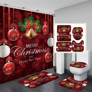No&euml;l Le Rideau De Douche, Ensemble De Salle De Bain, 4 Pi&egrave;ces, Les Tapis Antid&eacute;rapants, Toilette D'un Couvercle Et Tapis De Bain, Le Plaisir De D&eacute;coration De No&euml;l - Neuf
