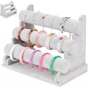 Mevronisshop-Pr&eacute;sentoir &Agrave; Bijoux En Velours &Agrave; 3 &Eacute;tages - Amovible - Pour Montres, Colliers, Bracelets - Gris - Neuf
