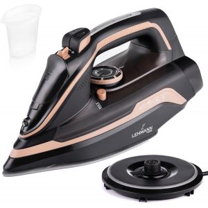 MEVRONISSHOP-Fer &agrave; Repasser sans Fil avec Station de Charge, jusqu'&agrave; 3000W & 35 g/min de Vapeur Continue, R&eacute;glage Temp&eacute;rature & 5 Programmes, Semelle C&eacute;ramique, Repassage Vertical, Noir/Or Rose - Neuf