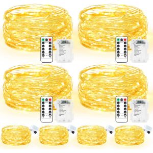 KAL-Lot De 4 Guirlandes Lumineuses Led De 10 M + 4 Piles De 3 M, 8 Modes De Télécommande, Minuterie - Ip65 - Étanche - Pour Décoration De Noël - Couleurs Chaudes - Neuf