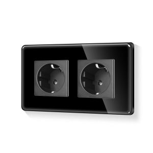 Schuko - Double prise murale ronde encastr&eacute;e - 2 compartiments - Noir - Avec cadre en verre - 16 A - 110-250 V - 157 mm - Neuf