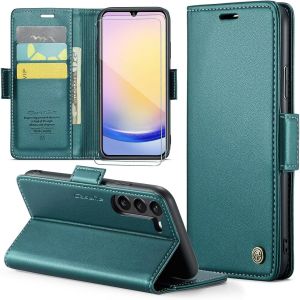Kal-Coque Pour Samsung Galaxy A15+ 2 Pi&egrave;ces Verre Tremp&eacute;,Antivol,Prend En Charge Le Chargement Sans Fil, Pochette Fermeture Magn&eacute;tique Flip Case-Bleu-Vert - Neuf