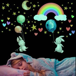 Eryi-Stickers Mural Lapin Lumineux, Lumineuses Arc En Ciel Wall Stickers, Autocollant Mural Lune Étoile Fluorescent, Phosphorescentes Stickers Muraux Amovible, Cadeau Pour D'enfants Garçons Fille Cha - Neuf