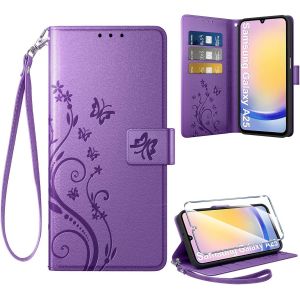Kal-Coque Pour Samsung Galaxy A25 5g + 1 Verre Tremp&eacute;, Retro Design Housse Premium En Cuir Pu Pochette De Portefeuille Pour Porte Cartes Fonction Stand Flip Etui Pour Samsung A25, Violet - Neuf