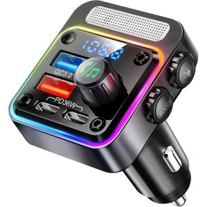 Transmetteurs FM Bluetooth 5.3 54W [PD 36W et QC3.0 18W] [Micros & Bass] Adaptateur Bluetooth Voiture Allume Cigare avec LED 5 Couleurs, Appels Mains Libres, Noir - Neuf