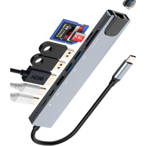 Hub USB C(8 En 1)Adaptateur HDMI 4K Pour Iphone 15 LAN Ethernet SD TF Micro SD Cartes Lecteur USB OTG 3.0 Multiport Station d'accueil MacBook Accessoires iPad Tablet Type C Alimenté SDoppiateur - Neuf