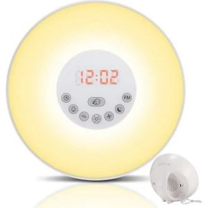 Lampe de Réveil, Lampe de Chevet Lumiere du jour, Simulation d'Aube - de Crépuscule (10 Intensités) 6 Alarmes et Fonction Radio FM - Neuf