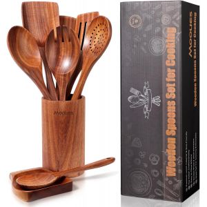 Mevronisshop-Ustensiles De Cuisine En Bois De Teck 9 Pi&egrave;ces, Ensemble Premium Avec Cuill&egrave;res, Spatule Et Support, Naturels, R&eacute;sistants &Agrave; La Chaleur Et Anti-Rayures, Facile &Agrave; Nettoyer Pour Cuisine Quo - Neuf