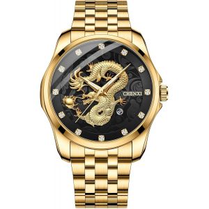 Eryi-Montre Homme Acier Inoxydable: Montre Homme Bracelet Détachable Analogique Quartz Cadran Rond Avec Dragon Doré Gravure/Index Diamant/Calendrier/3atm Étanche- Cadeau Anniversaire - Neuf