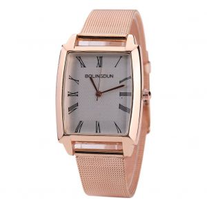 Montre A Quartz Tendance Avec Bracelet En Maille Et Cadran Carre A Chiffres Romains Pour Homme Et Femme (Or Rose Et Blanc) - Neuf