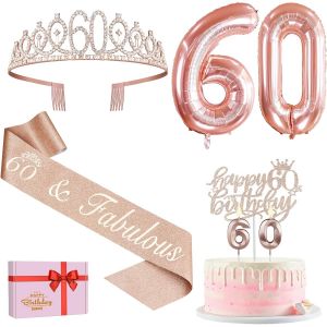 ERYI-Décoration D'Anniversaire Pour Femme 60 Ans, Écharpe De 60 Ans, Couronne De 60 Ans, Décoration De Gâteau Et Bougies, Ballon 60 Ans, Or Rose, Décoration De Fête Pour 60 Ans, Cadeaux D'Anniversair - Neuf