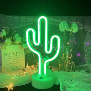 Cactus - Enseigne Lumineuse Led Néon Vert Avec Support - Veilleuse Néon - Fonctionne Avec Piles / Usb - Pour Chambre D'enfant, Fête, Mariage, Noël - Neuf