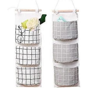 2 paquets de lin coton tissu porte murale placard suspendu sac de rangement 3 poches sur l'organisateur de porte - Neuf