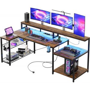 Yemaesre-Bureau D'angle 181 Cm, Bureau De Jeu Avec Lumières Led, Table De Jeu Pc Avec 3 Pr S Secteur Et 2 Ports De Chargement Usb, Bureau D'ordinateur Avec Étagère Pour Écran Spacieuse, Marron - Neuf